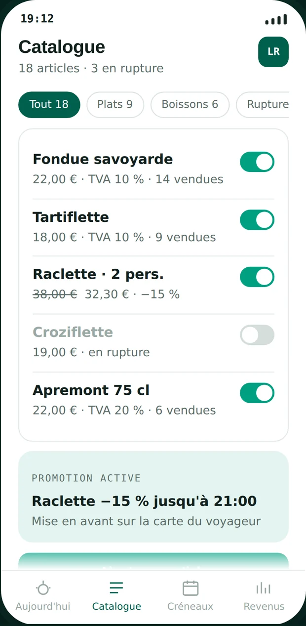 Le catalogue : rupture en un geste, deux taux de TVA visibles.