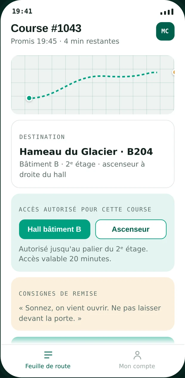 La course : accès borné en périmètre et en durée, consignes de remise du client.