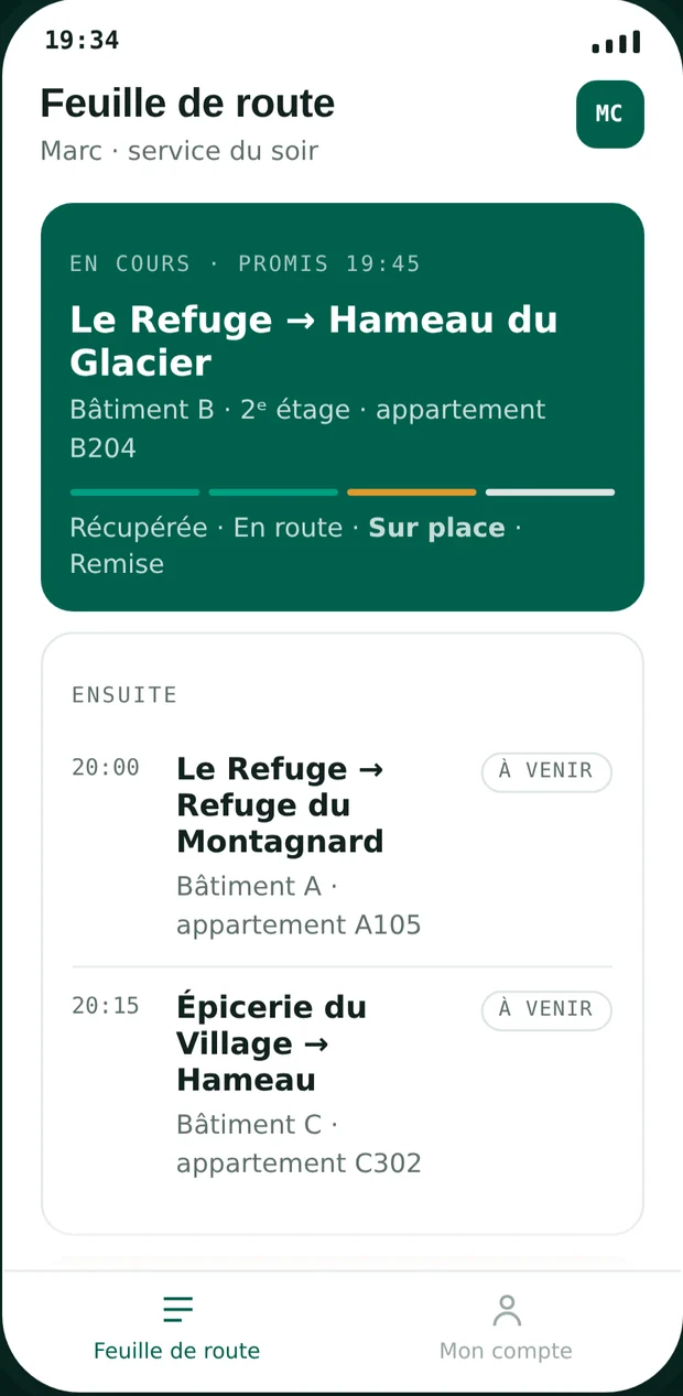 La feuille de route : la course en cours domine, les suivantes se réduisent à leur destination.