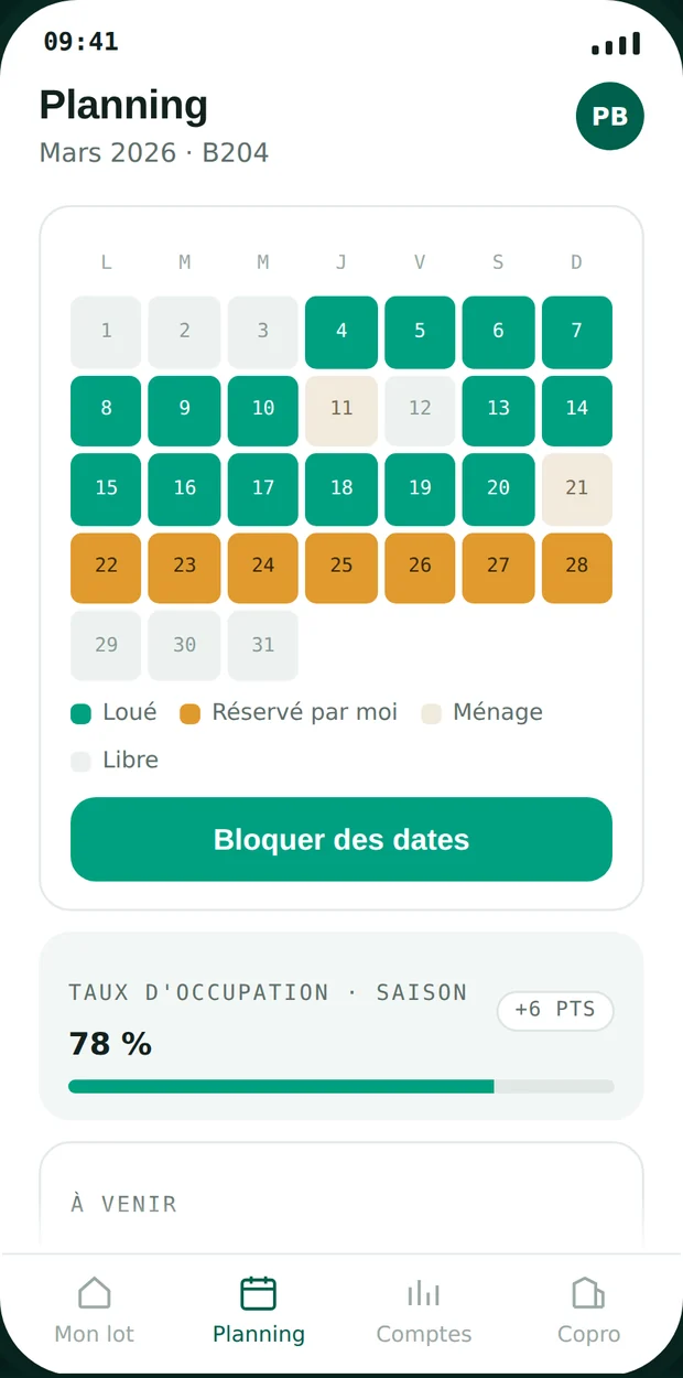 Calendar — blocking dates is the only real decision; it deserves a full-width button.