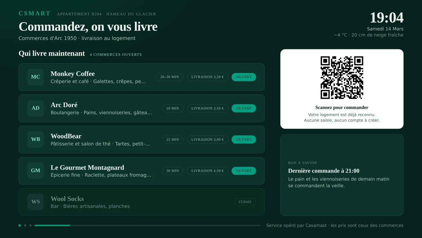 Qui livre maintenant — statut d'ouverture réel, délai et frais de livraison propres à chaque commerce.