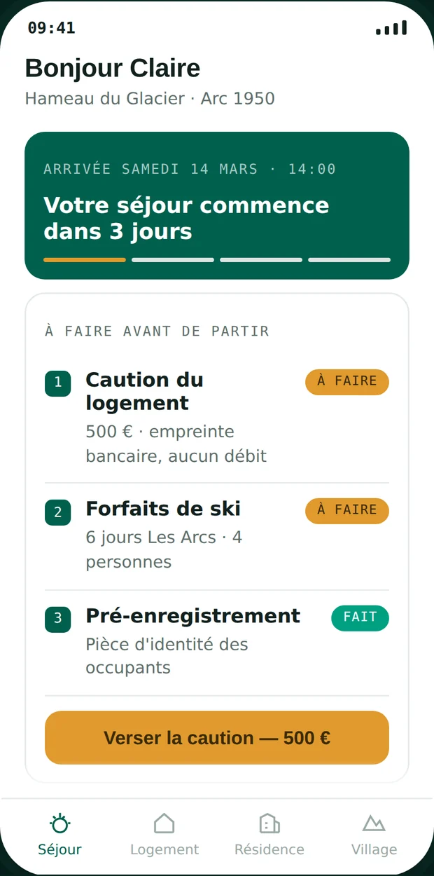 Avant l'arrivée — une liste de trois tâches, dans l'ordre où elles bloquent l'arrivée.