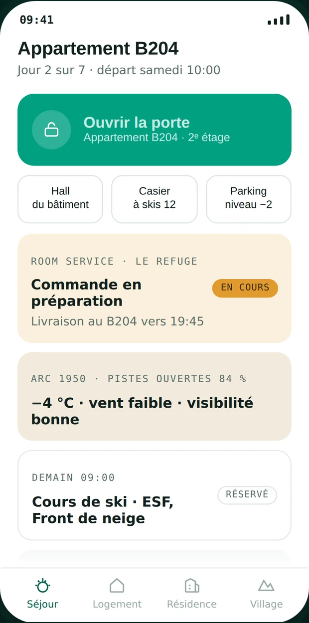 Pendant le séjour — l'ouverture de porte au premier tap, puis les accès secondaires.