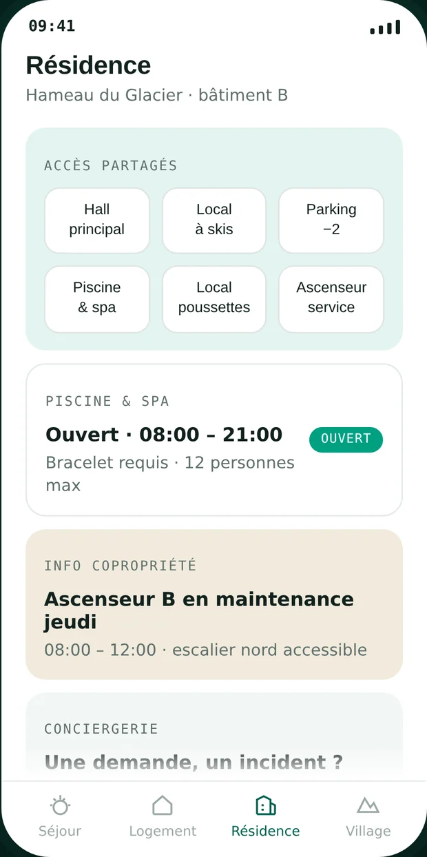 Résidence — parties communes, piscine, info copropriété, conciergerie, astreinte.
