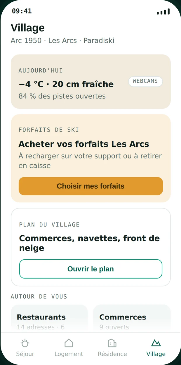 Village — météo et neige, forfaits, plan, commerces et activités de la station.